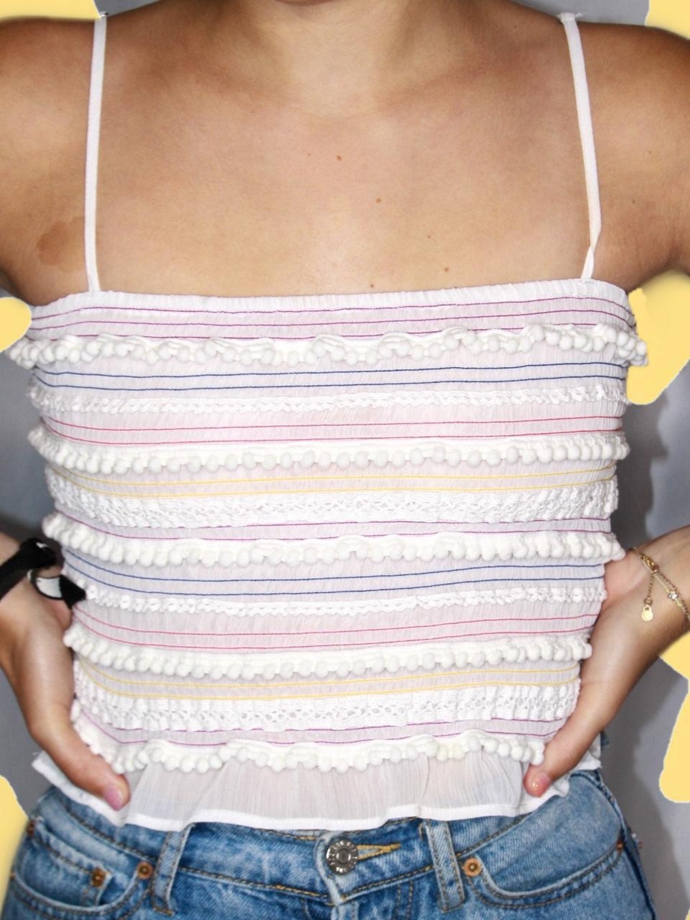 Forever 21 White Striped Pom-Pom Smocked Cami